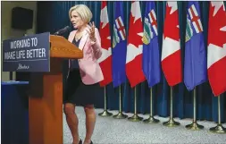  ??  ?? CP FILE PHOTO Premier Rachel Notley discusses pipeline expansion with reporters in Calgary earlier this month.