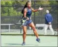  ?? AUSTIN HERTZOG - DIGITAL FIRST MEDIA ?? Spring-Ford’s Tori Alexander hits a forehand against Methacton’s Dina Nouaime in the final of the PAC singles tournament Friday.