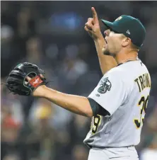  ?? Alex Gallardo / Associated Press ?? A’s reliever Blake Treinen is an All-Star for the first time. He has an 0.81 ERA and has converted 22 of 24 save chances.