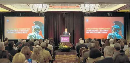  ?? Photograph­s by Thomas Meredith
For The Times ?? “WE LOVE Texas,” USC President C. L. Max Nikias told a crowd of USC alumni in Austin in April. He also spoke in Houston and Dallas.