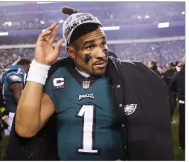  ?? SETH WENIG – THE ASSOCIATED PRESS ?? Quarterbac­k Jalen Hurts of the NFC champion Eagles, in his third NFL season, passed for 3,701 yards, rushed for 760 yards and accounted for 35 touchdowns in 15 games.