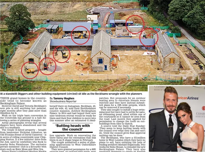 ??  ?? At a standstill: Diggers and other building equipment (circled) sit idle as the Beckhams wrangle with the planners Country pile: David and Victoria Beckham