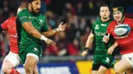  ?? ?? Former Chief and Counties Manukau player Bundee
Aki of Connacht offloads the ball during the United Rugby Championsh­ip match between Munster and Connacht