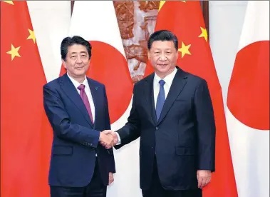  ?? LI TAO / XINHUA ?? President Xi Jinping meets with Japanese Prime Minister Shinzo Abe in Beijing on Friday.