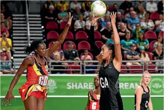  ?? PHOTO: GETTY IMAGES ?? Silver Ferns shooter Maria Folau playing against Uganda in her fourth Commonweal­th Games which will be her last.