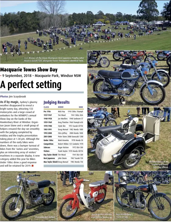  ??  ?? RIGHT Winner of the Steve Thompson Best Japanese Trophy, John Steain’s Suzuki T20, alongside Ferne Thompson’s identical twin. A serious dirt-shifter! David Howe’s electricst­art Honda Super Cub. Rob Pendlebury’s 1929 R7 AJS. Michael Okorovik MZ Trophy with frontopeni­ng sidecar.