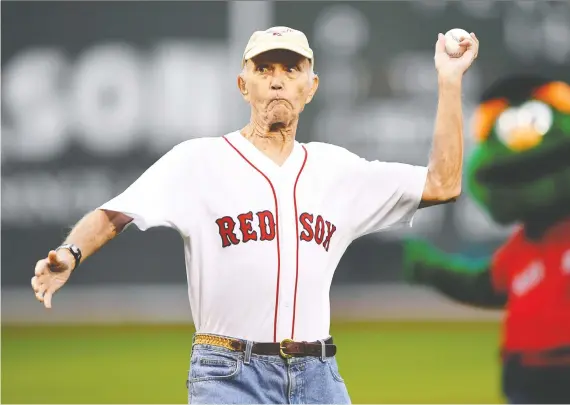  ?? BRIAN FLUHARTY/USA TODAY SPORTS ?? Apollo 11 astronaut Michael Collins throws a ceremonial pitch June 21 at Fenway Park, a month before Saturday’s 50th anniversar­y of the lunar landing.