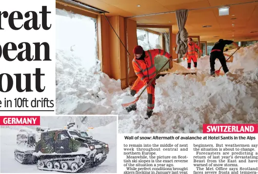  ??  ?? Helping hand: Soldiers take food to stranded residents Wall of snow: Aftermath of avalanche at Hotel Santis in the Alps