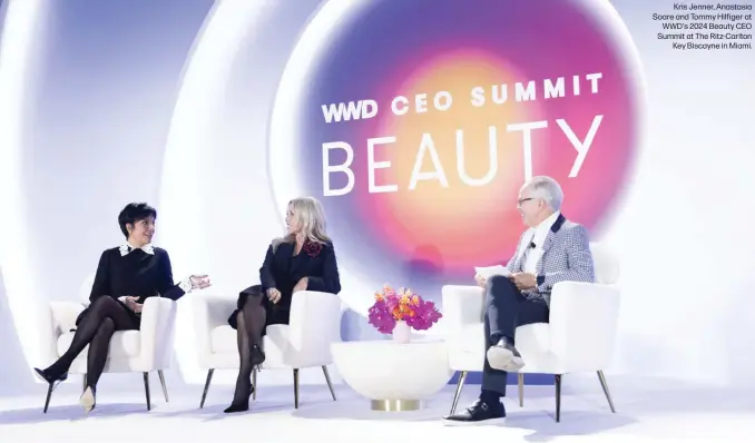  ?? ?? Kris Jenner, Anastasia Soare and Tommy Hilfiger at WWD's 2024 Beauty CEO Summit at The Ritz-Carlton Key Biscayne in Miami.