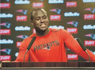  ?? STAFF PHOTO BY NANCY LANE ?? SPECIAL APPEARANCE: Matthew Slater smiles as he meets the media yesterday in advance of today’s first day of training camp at Gillette Stadium.