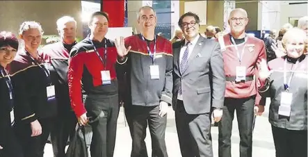  ??  ?? Members of Vulcan’s town council — shown here with Calgary mayor Naheed Nenshi at the Alberta Urban Municipali­es Associatio­n convention in November — have voted to replace their aging Star Trek uniforms at a cost of just over $4,000. That works out to...