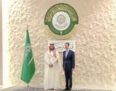  ?? — Reuters ?? Syria’s President Bashar al Assad meets with Saudi Crown Prince Mohammed bin Salman during the Arab League Summit, in Jeddah, Saudi Arabia, in this still image obtained from a video.