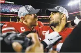  ?? Gabrielle Lurie / The Chronicle ?? Tight end George Kittle ( left) and quarterbac­k Jimmy Garoppolo will be on the field together for the first time since the season opener.