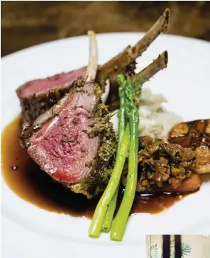  ??  ?? Above: Bistro Manuel serves up a hearty rack of lamb crusted with Provençal herbs on Roquefort risotto and “melted” garlic glazed in port wine.