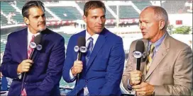  ?? COURTESY FOX SPORTS SOUTH/SOUTHEAST ?? Jeff Francoeur (center) takes up his microphone in the Braves broadcast booth, flanked by Chip Caray (left) and Joe Simpson.