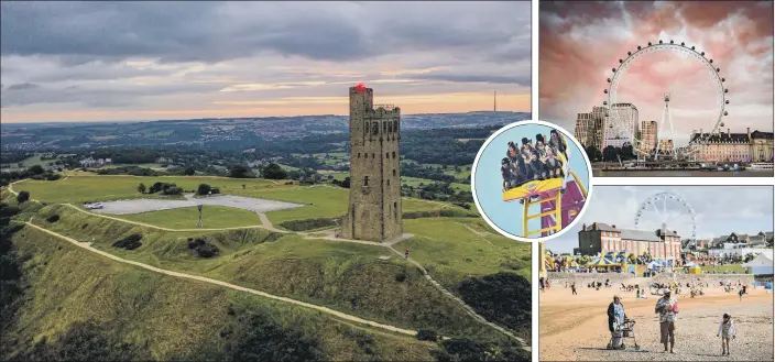  ?? PICTURES: CHARLOTTE GRAHAM (MAIN PHOTO)/SWNS,/PA ?? CLOUDY SUNRISE: Main, sunrise at Castle Hill, Huddersfie­ld; above right, sunset at the London Eye; right, Barry Island beach, south Wales; inset, people enjoy the rides at Adventure Island, Southend, Essex.