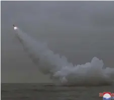  ?? — AFP photo ?? This picture released by KCNA shows an underwater firing exercise of a strategic cruise missile held in the waters of Gyeongpo Bay.