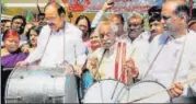  ?? PTI ?? Venkaiah Naidu, Bandaru Dattatreya and Telangana BJP chief celebrate the party’s BMC victory, in Hyderabad, on Saturday.