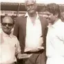  ??  ?? Habib Khan (centre) with India’s 1983 World Cup winning captain Kapil Dev (right) and team manager P. R. Man Singh (left) at the Lal Bahadur Stadium in Hyderabad in this file photo.