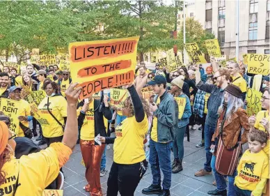  ?? SAM BLAUFUSS VIA AP ?? Members of KC Tenants, a nonprofit tenants union, protest in Kansas City, Mo., last year. Recent progress at KC Tenants comes as a growing number of foundation­s are working with a revitalize­d tenants movement to confront the nation’s housing crisis.