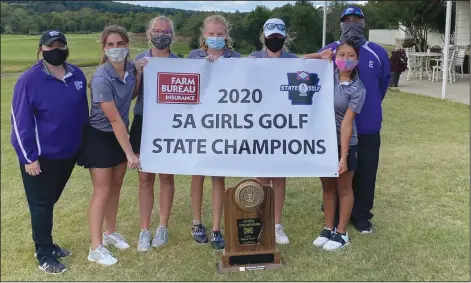  ?? Contribute­d Photo ?? EHS wins state: El Dorado's girls golf team captured the 5A state championsh­ip Monday at Mountain Home, finishing with a team score of 258 to top Greenwood. Pictured from left to right are: Coach Natalie Bolick, Aubrey Marx, Lani Hammock, Hope Walthall, Alexa Hulsey, Jana Powell and coach Chris Ezell.