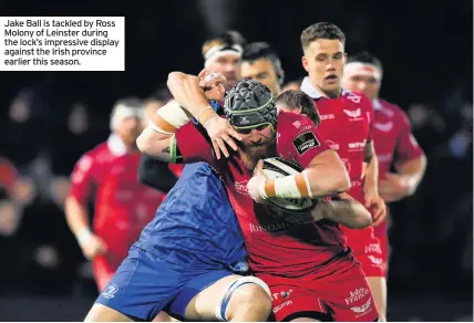  ??  ?? Jake Ball is tackled by Ross Molony of Leinster during the lock’s impressive display against the Irish province earlier this season.