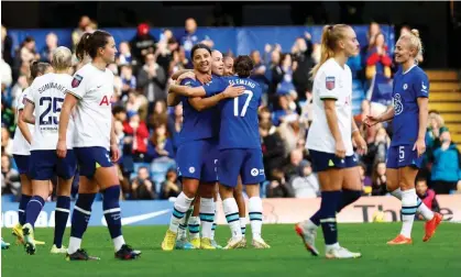  ?? Photograph: Andrew Boyers/Action Images/Reuters ?? Chelsea's Guro Reiten celebrates scoring their third goal in the win over Tottenham.