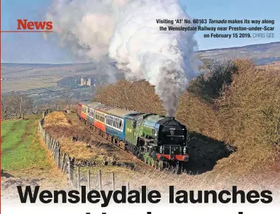  ?? CHRIS GEE ?? Visiting ‘A1’ No. 60163 Tornado makes its way along the Wensleydal­e Railway near Preston-under-Scar on February 15 2019.