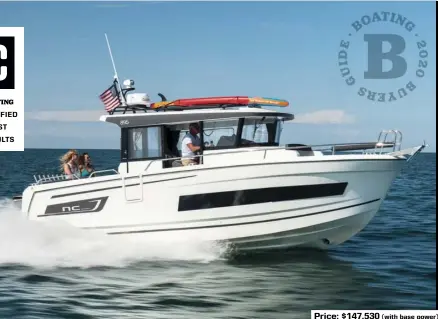  ??  ?? (with base power)
SPECS: LOA: 29'3" BEAM: 9'10" DRAFT: 2'0" (hull/outboards up) DRY WEIGHT: 7,275 lb. (approx.) SEAT/WEIGHT CAPACITY: Yacht Certified FUEL CAPACITY: 158 gal.
HOW WE TESTED: ENGINES: Twin 250 hp Yamaha V-6 4.2-liter DRIVE/PROPS: Outboard/Yamaha Saltwater 153/4" x 15" Series II stainless steel GEAR RATIO: 1.75:1 FUEL LOAD: 100 gal. WATER ON BOARD: 10 gal. CREW WEIGHT: 1,300 lb. Price: $147,530