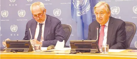  ?? PHOTO: NAN ?? Secretary- General, United Nations ( UN), António Guterres ( right), and his spokespers­on, Stephane Dujarric, during a Pre- 76th Session of the UN General Assembly ( UNGA) briefing at UN headquarte­rs in New York.