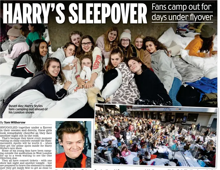  ??  ?? Duvet day: Harry Styles fans camping out ahead of his London shows Heart-throb: Harry Styles Braving the cold: Teenagers queue outside Hammersmit­h Apollo in West London yesterday