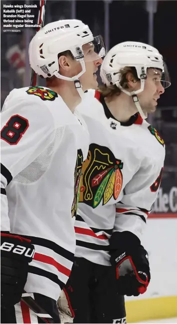  ?? GETTY IMAGES ?? Hawks wings Dominik Kubalik (left) and Brandon Hagel have thrived since being made regular linemates.