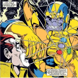  ??  ?? In The Infinity Gauntlet, Thanos becomes god-like by harnessing the power of the Infinity Gems through his gauntlet.