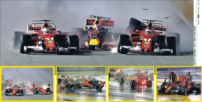  ??  ?? CLAVE. Vettel, Verstappen y Raikkonen se quedaron fuera de carrera en la primera vuelta tras su colisión, y Alonso se retiró poco después fruto de los daños en su McLaren Honda.