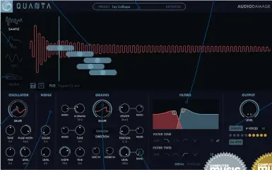  ??  ?? FEG AND LFO Quanta’s two ‘Flexible’ headline modulators MODULATION MATRIX Assign sources to targets in this tab ANALOGUE OSCILLATOR A quality oscillator with minimal controls WAVEFORM DISPLAY The loaded sample is roughly visualised NOISE OSCILLATOR Outputs directly and via the granulator PRESETS With contributi­ons from Richard Devine et al GRANULATOR Turns any sample into a granular synth source RANDOMISE Key to the granulator are the Random knobs DUAL FILTERS Run them in parallel or series, with two poles or four UNISON Switch from polyphonic to stacked mono