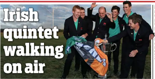  ?? GETTY ?? Record breakers: Team GB&I captain Nigel Edwards (third from left) celebrates with (l-r) Gavin Moynihan, Paul Dunne, Cormac Sharvin, Gary Hurley and Jack Hume after winning the Walker at Royal Lytham & St Annes yesterday