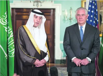  ?? Paul Richards / AFP ?? US secretary of state Rex Tillerson listens as Saudi foreign minister Adel Al Jubeir says there is no blockade on Qatar.