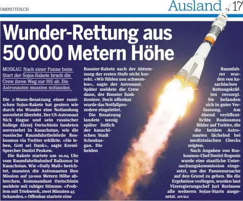  ?? EPA ?? «Probleme mit Triebwerk, zwei Minuten 45 Sekunden»: Kurz nach dieser Nachricht mussten die Astronaute­n eine Notlandung einleiten.