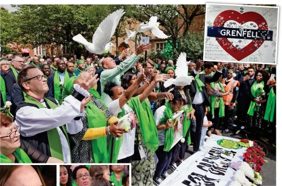  ??  ?? Birds of peace: Faith leaders release white doves under the tower to mark each of the lives lost. Inset: The ‘wall of truth’