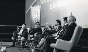  ?? Photo Thibault Albert - Tibophoto.fr ?? Pierre Magimel, Hervé Maura, Jean-Marc Allègre, Vincent Etcheto, Pierre Arnald, Jean-Baptiste Grisoli (caché), Christophe Grolleau (de dos), (de g. à dr.) ont débattu du devenir du Stade nantais.