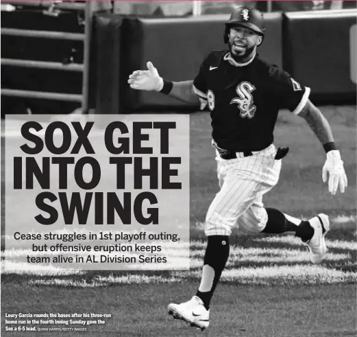  ?? QUINN HARRIS/GETTY IMAGES ?? Leury Garcia rounds the bases after his three-run home run in the fourth inning Sunday gave the Sox a 6-5 lead.