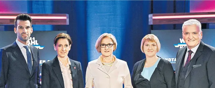  ??  ?? Udo Landbauer (FPÖ), Indra Collini (Neos), Johanna Mikl-Leitner (ÖVP), Helga Krismer (Grüne) und Franz Schnabl (SPÖ, v. li.): Spitzenkan­didaten bei der ersten Elefantenr­unde.