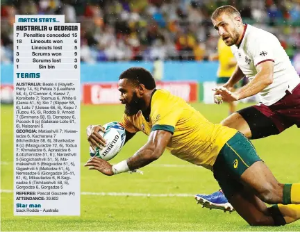  ?? PICTURE: Getty Images ?? Winging in: Marika Koroibete scores Australia’s second try