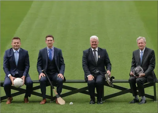  ??  ?? At the announceme­nt of the GAA and GPA framework agreement 2017- 2019 are GPA CEO Dessie Farrell, GPA Chairman Séamus Hickey, Uachtarán Chumann Lúthchleas Gael Aogán Ó Fearghail and Ard Stiúrthóir of the GAA Páraic Duffy. Croke Park, Dublin. Photo by...