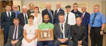  ??  ?? Mayor of Kerry Norma Foley and the Mayor of Tralee Graham Spring launching the 2018 U-16 FAI Victory Shield in The Rose Hotel Tralee on Thursday. Front, l-r: KDL Chairman Sean O’Keeffe, Mayor of Kerry Norma Foley, Paul Osam, manager of the Irish U-16, Mayor of Tralee Graham Spring and Nixon Moatin. Back, l-r: Kieran O’Regan, Murt Murphy, KDL Secretary John O’Regan, Padraig Harnett, Geraldine Nagle, Frank Hayes, Mark Sullivan, Rose Hotel GM, Michael Healy Rae TD, Daniel Kelly, Cllr Sammy Locke and Denis Guerin.