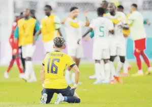  ?? Ap / darko vojinovic ?? Jeremy Sarmiento, de Ecuador, se lamenta mientras observa la celebració­n de los jugadores de Senegal al terminar el partido de ayer.