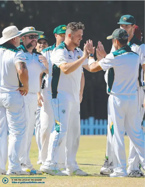  ??  ?? Video at goldcoastb­ulletin.com.au Helensvale Pacific Pines players celebrate a wicket in their match against Runaway Bay. Pictures: JODIE HENDERSON