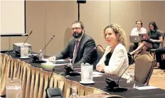  ?? ALLAN BENNER/STANDARD STAFF ?? Two Greater Niagara Chamber of Commerce representa­tives, Hugo Chesshire and executive director Mishka Balsom, address a Standing Committee on Finance and Economic Affairs hearing to discuss Bill 148, on Wednesday.