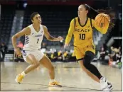  ?? PHOTO COURTESY OF BIG WEST CONFERENCE ?? Long Beach State's Casey Valenti Paea drives past UC Riverside's Matehya Bryant during Thursday's game.