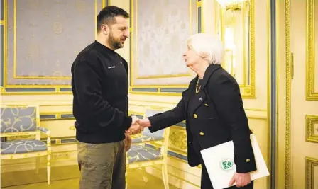  ?? UKRAINIAN PRESIDENTI­AL PRESS OFFICE VIA AP ?? Ukrainian President Volodymyr Zelenskyy and Treasury Secretary Janet Yellen meet in Kyiv, Ukraine, on Monday.